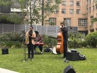 Group playing instruments on lawn